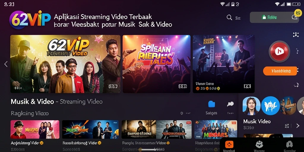 Tampilan utama aplikasi 62VIP dengan berbagai pilihan video streaming.
