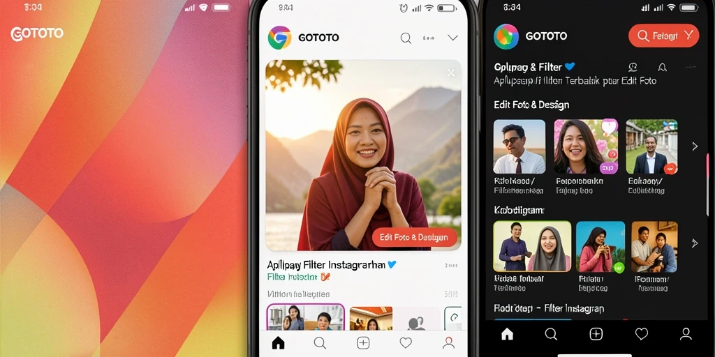 Tampilan antarmuka GOTOTO dengan berbagai pilihan filter Instagram.